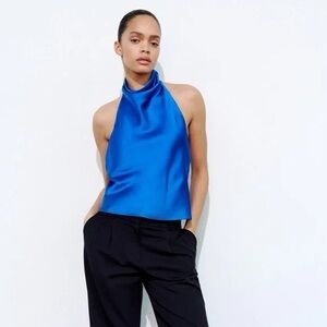 Zara Halterneck Blue Satin Top